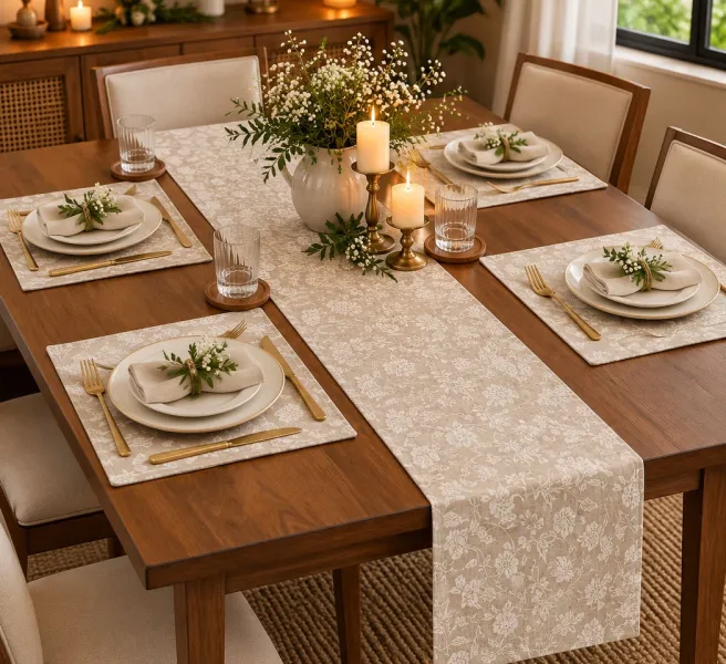 Textured Floral Table Runner & Place Mats Set – Botanical Design, 14 × 72 Inches Runner & 13 × 20 Inches Place Mats, Pack of 5